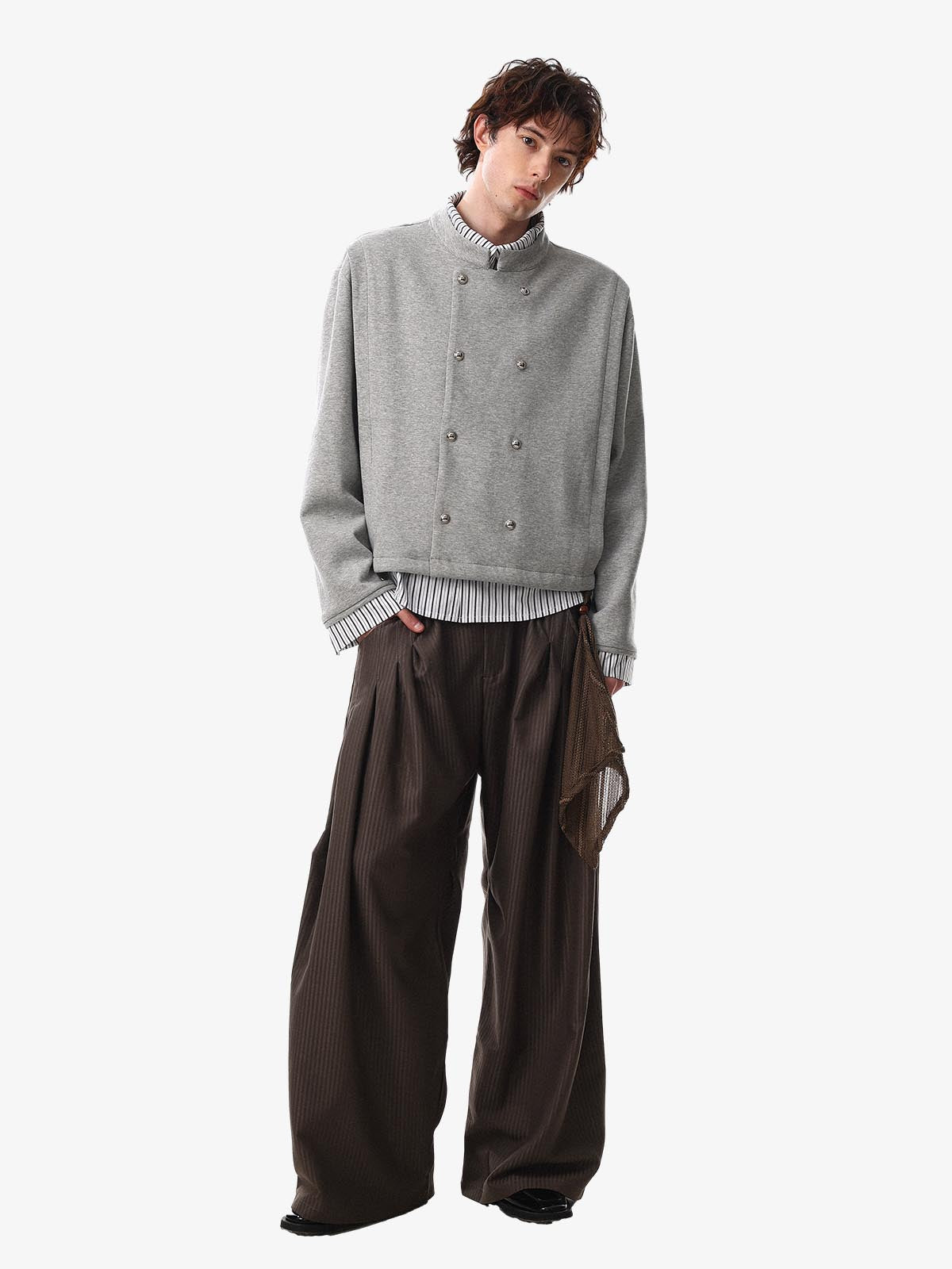 Button Detail Striped Panel Faux Layered Jacket