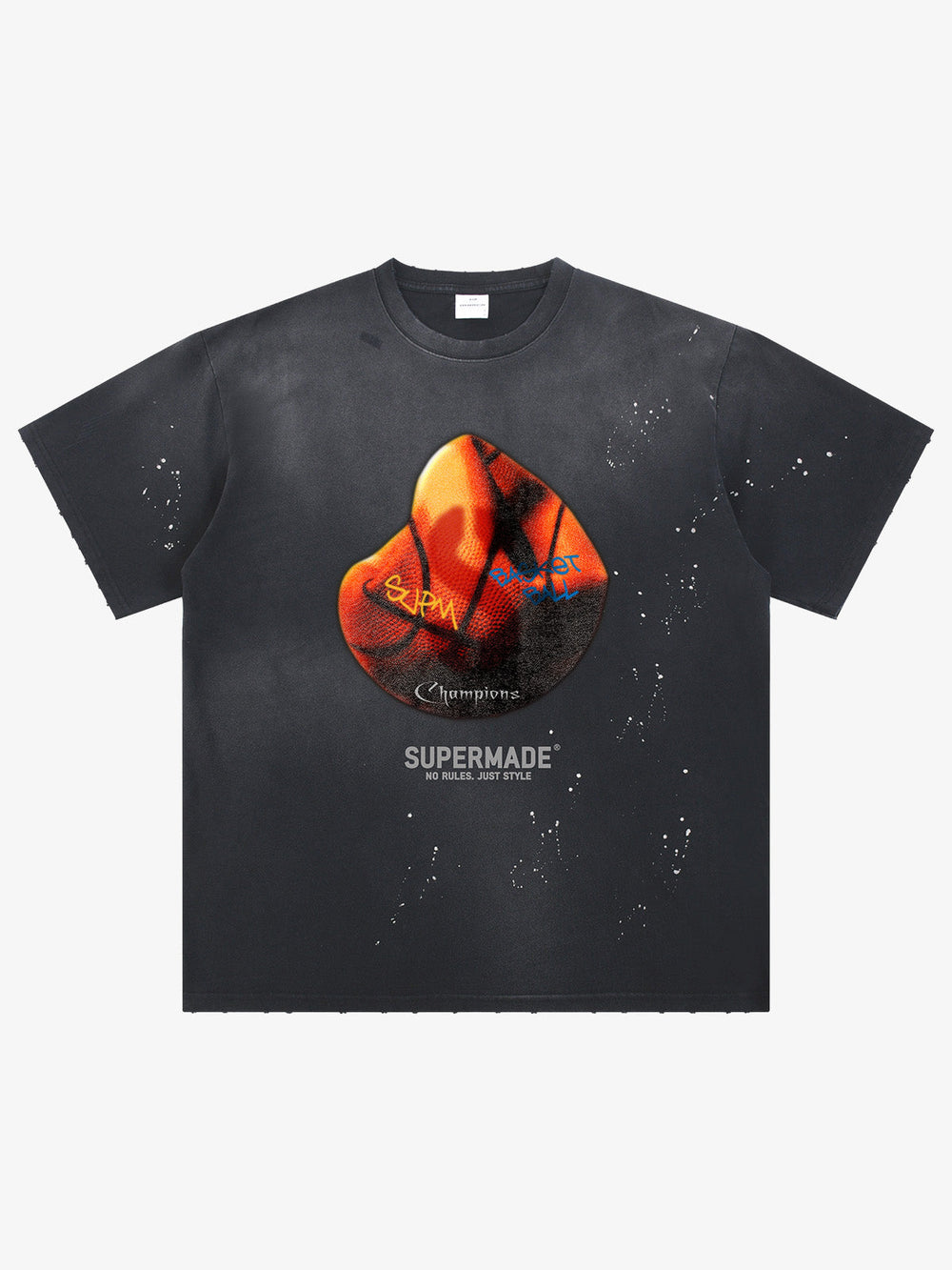 thesupermade-Cotton Basketball Print T-Shirt with Graffiti Design and Splatter Effect for Streetwear Fashion 