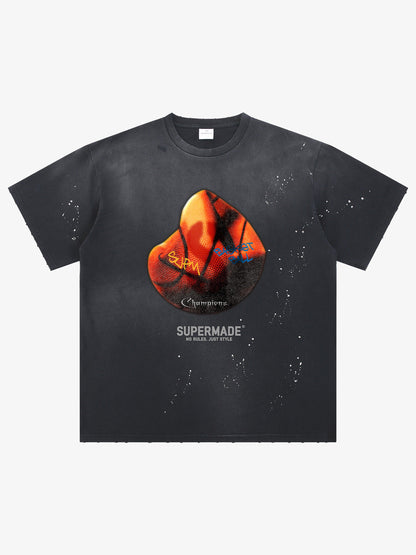 thesupermade-Cotton Basketball Print T-Shirt with Graffiti Design and Splatter Effect for Streetwear Fashion 