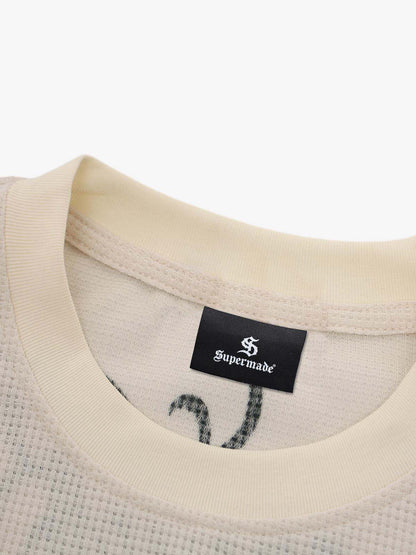 Retro Letter Print Waffle Simplicity Long-Sleeved T-Shirt 