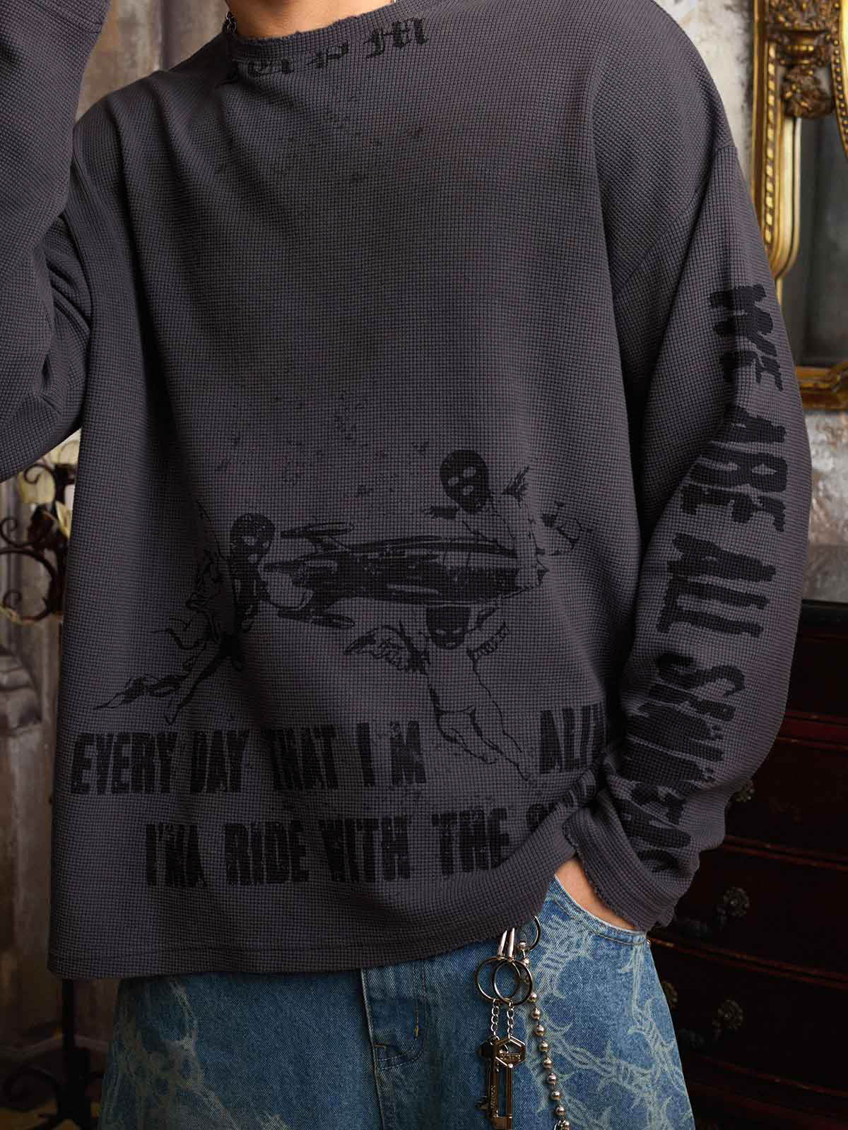 Waffelstrick Distressed Gradient Print Long-T-Shirt