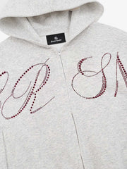 Street Hip-Hop Rhinestone Cropped Zip Up Hoodie 