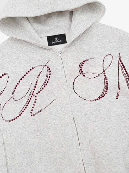 Street Hip-Hop Rhinestone Cropped Zip Up Hoodie 
