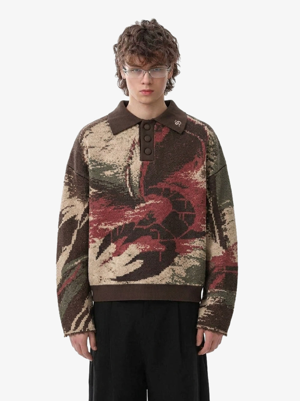 Strick-Poloshirt im Camouflage-Jacquard-Look mit Distressed-Optik
