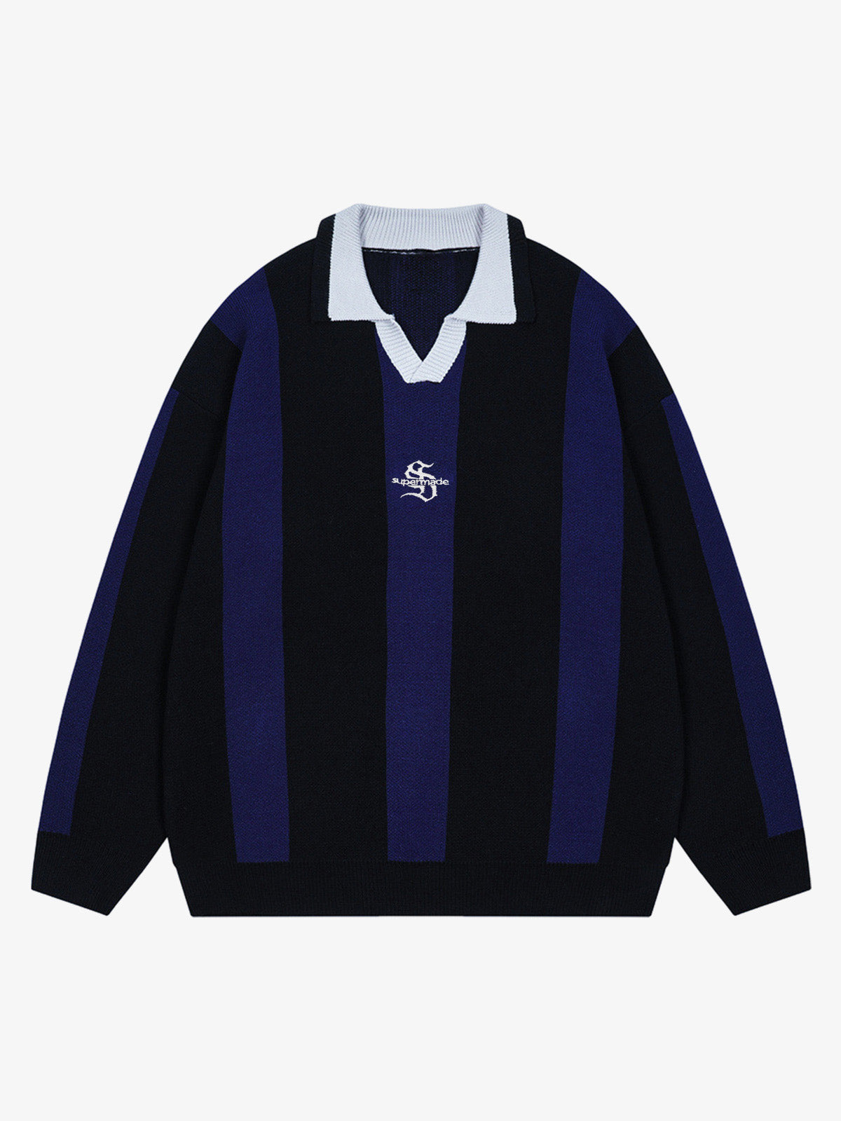 Vertical Striped Colorblock Lapel Sweater 