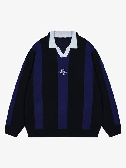 Vertical Striped Colorblock Lapel Sweater 
