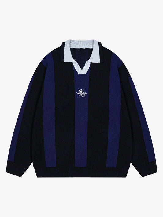 Vertical Striped Colorblock Lapel Sweater 