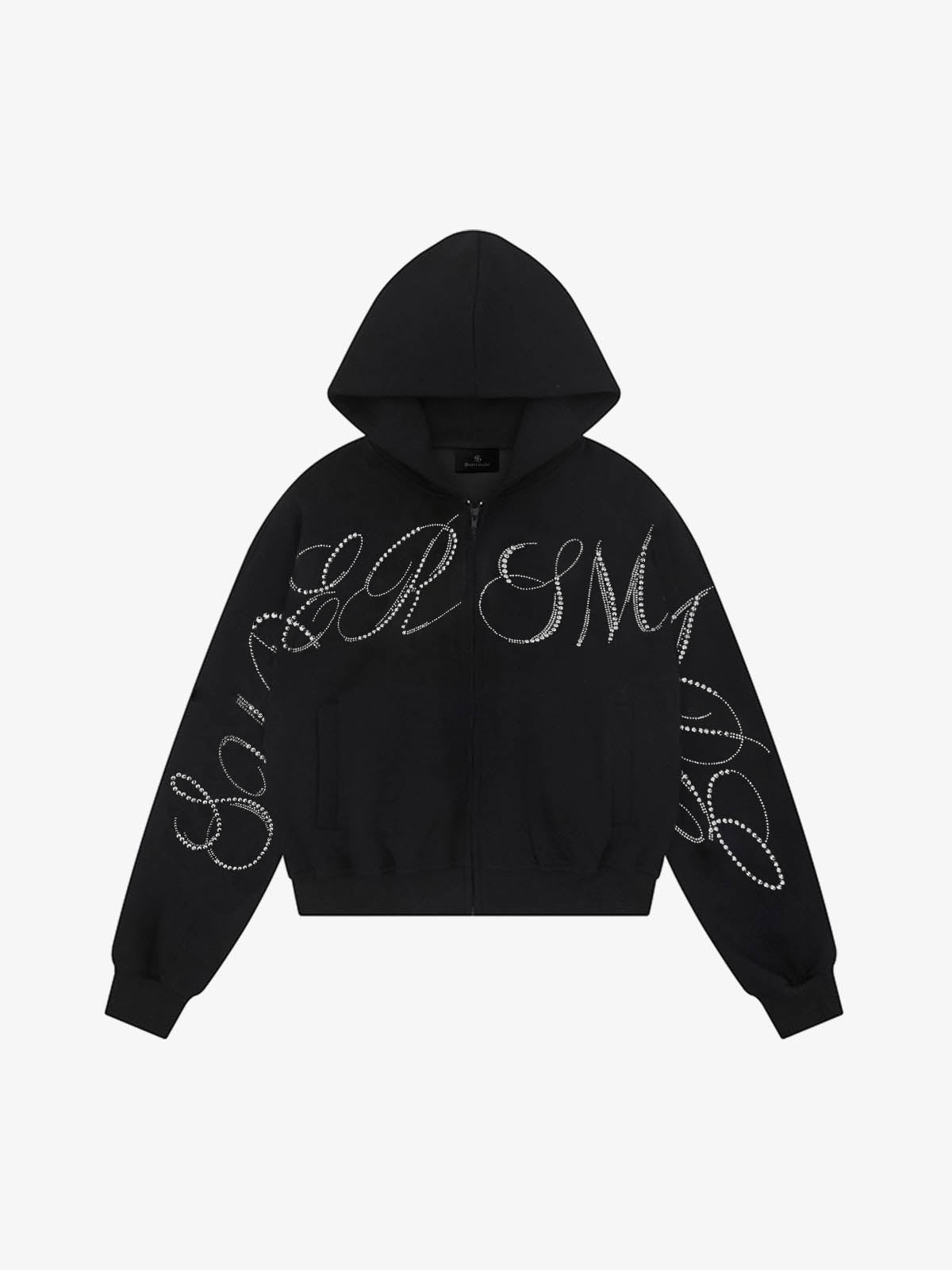 Street Hip-Hop Rhinestone Cropped Zip Up Hoodie 