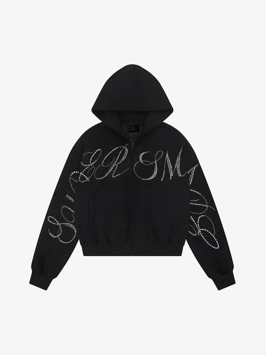 Street Hip-Hop Rhinestone Cropped Zip Up Hoodie 