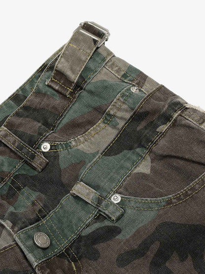 Retro Double Waist Camouflage Barrel Pants 