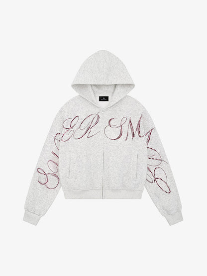 Street Hip-Hop Rhinestone Cropped Zip Up Hoodie 