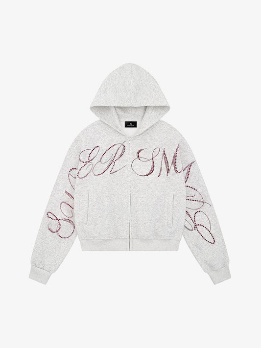Street Hip-Hop Rhinestone Cropped Zip Up Hoodie 