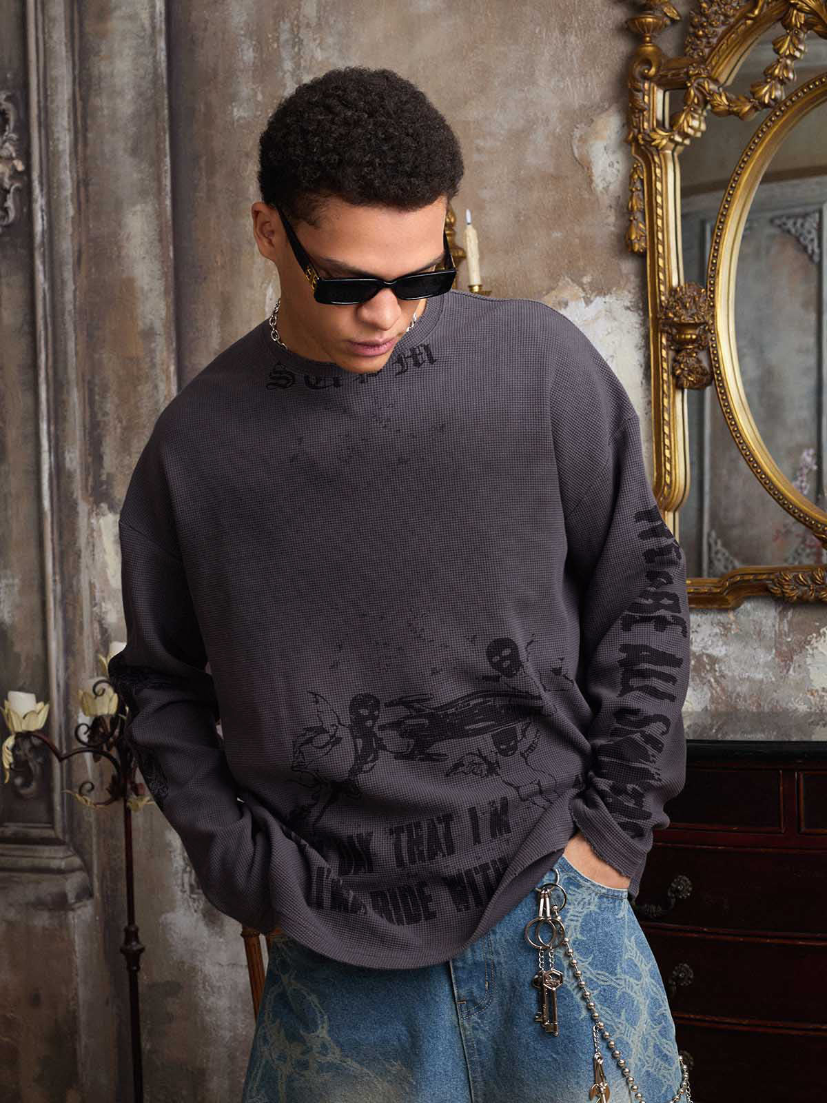 Waffelstrick Distressed Gradient Print Long-T-Shirt