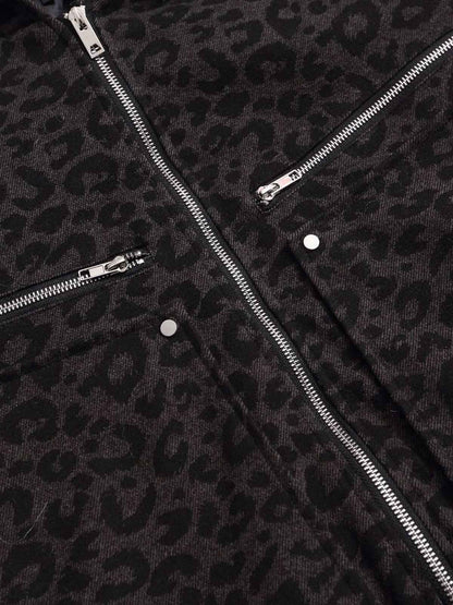 Retro Faux Fur Trimmed Hood Leopard Print Bomber Jacket 