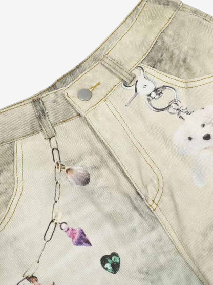 Distressed Denim Shorts with Chain Detail and Embellishments 