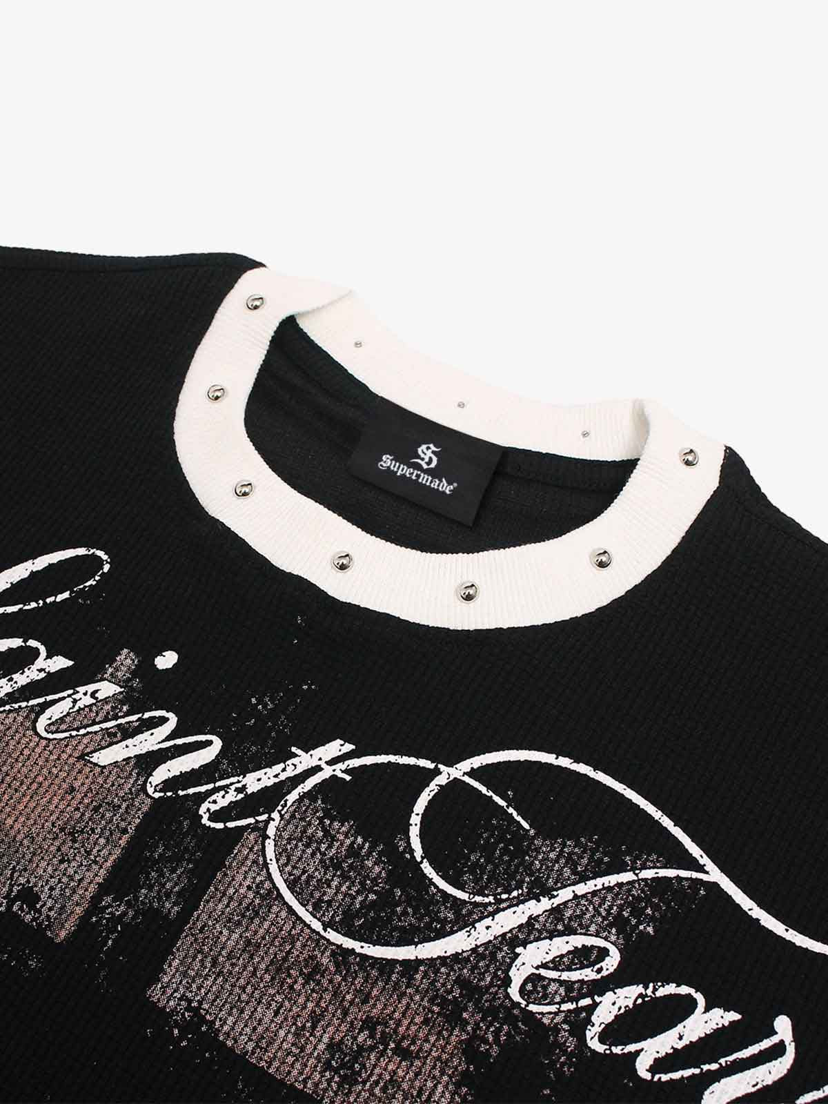 Gothic Cross Print Studded Collar Waffle Knit Graphic T-Shirt 