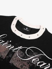 Gothic Cross Print Studded Collar Waffle Knit Graphic T-Shirt 