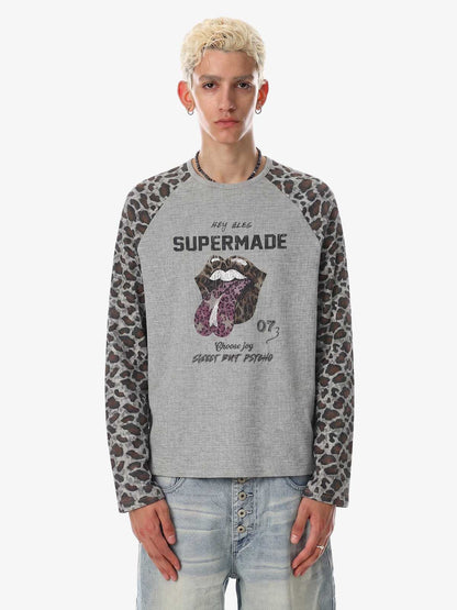 Lip Graphic Leopard Patchwork Waffle Long Sleeve Tee