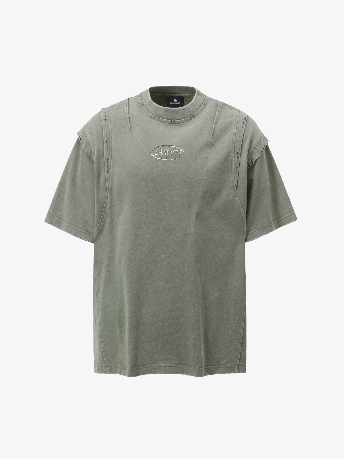 Cotton Blend Oversized T-Shirt with Distressed Denim Panels and Minimalist Logo Design 