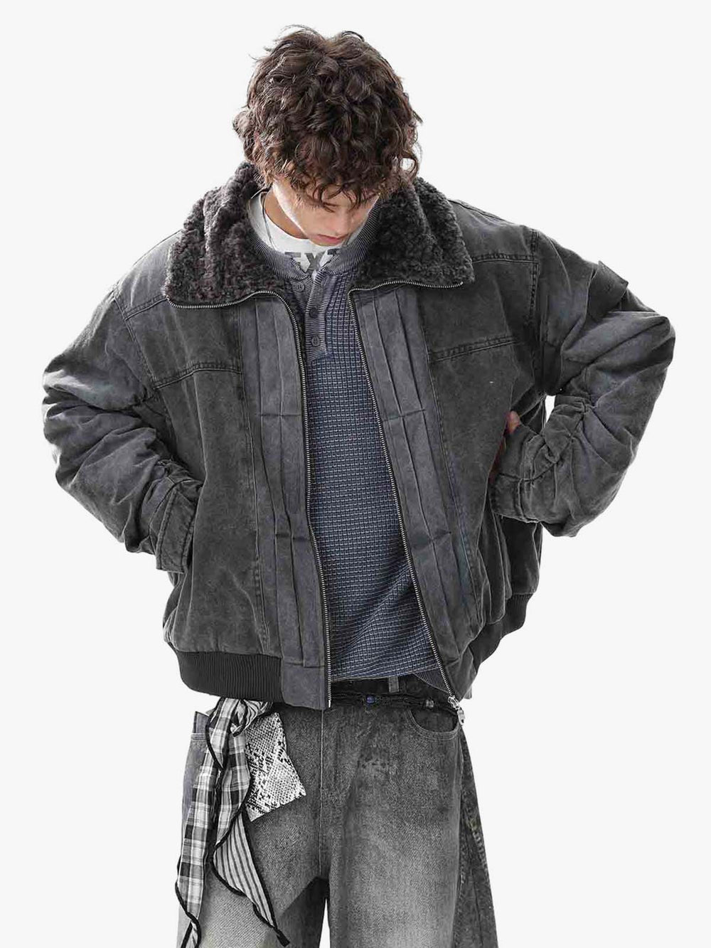 Vintage Distressed Plissée-Shearlingkragen-Fleecejacke