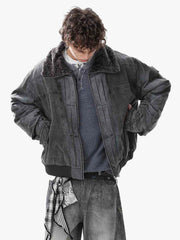 Vintage Distressed Pleated Shearling Collar Fleece Jacket