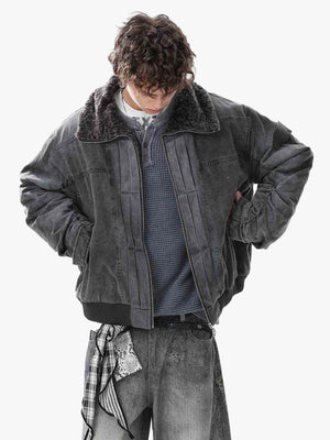 Vintage Distressed Pleated Shearling Collar Fleece Jacket