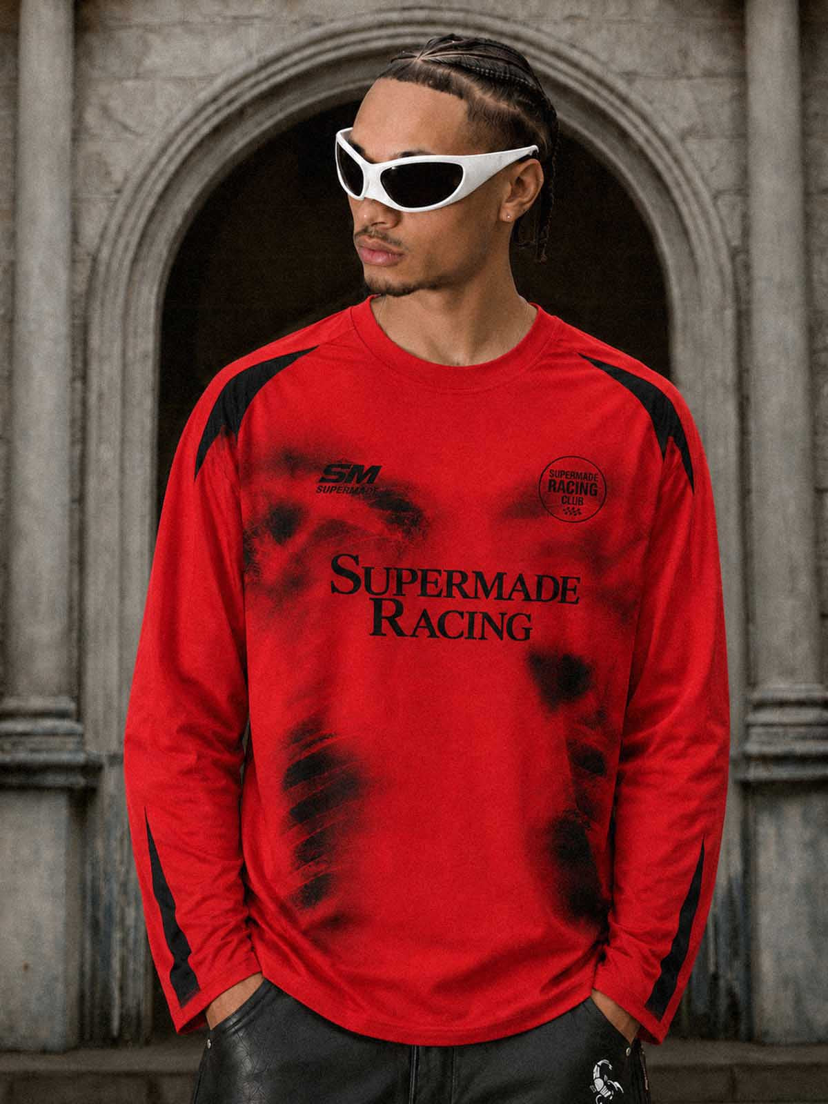 Skull Graphic Layered Racing Logo Long Sleeve Tee