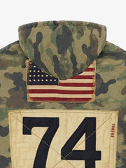 Camo Letter Graphic Distressed Zip-Up Hoodie