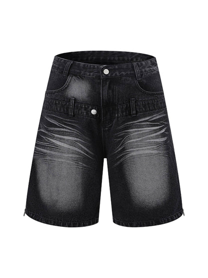 Distressed Washed Workwear Denim Shirt And Jorts Set 