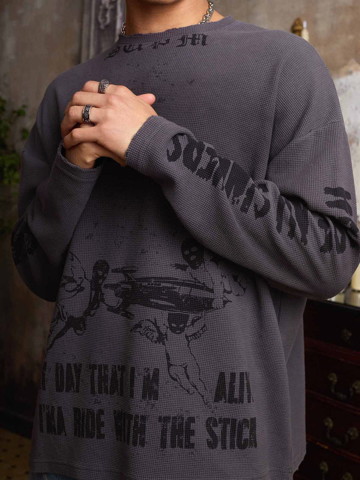 Waffelstrick Distressed Gradient Print Long-T-Shirt