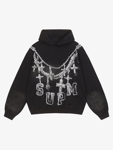 Streetwear Distressed Chain Graphic Hoodie