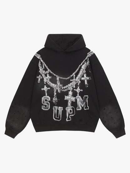 Streetwear Distressed Chain Graphic Hoodie