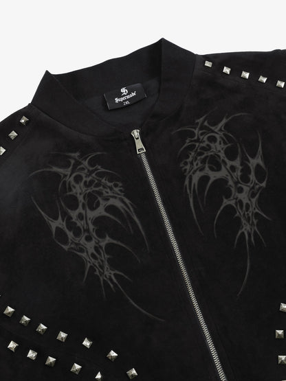 Suede Punk-Style Double-sided zipper Bomber Jacket with Studs Embroidery and Printing Techniques 