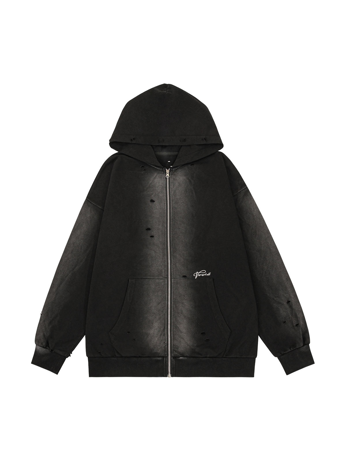 Washed Ripped Zip Up Hoodie 