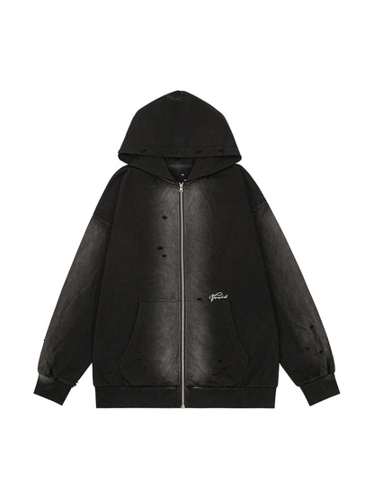 Washed Ripped Zip Up Hoodie 