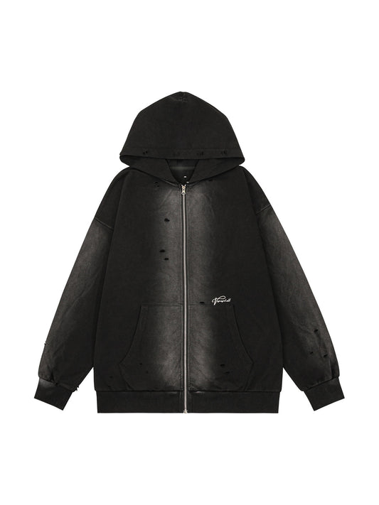 Washed Ripped Zip Up Hoodie 