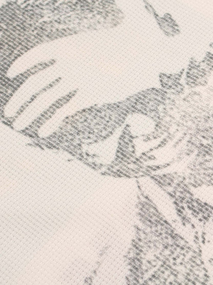 Waffle Knit Graphic Print Crewneck Sweatshirt - 2496 