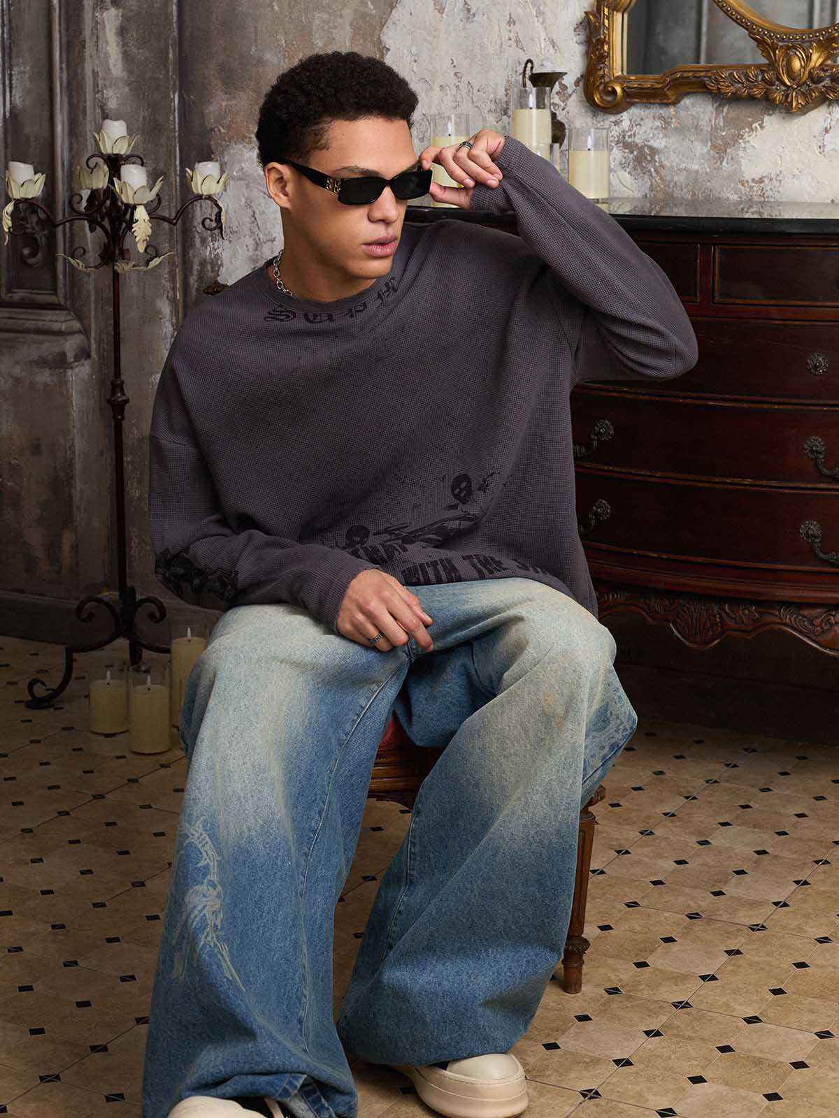 Waffelstrick Distressed Gradient Print Long-T-Shirt