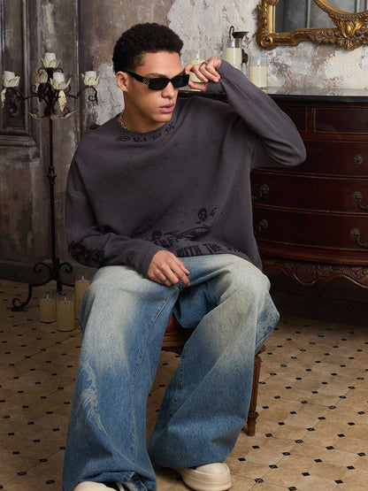 T-shirt long en maille gaufrée à imprimé dégradé vieilli