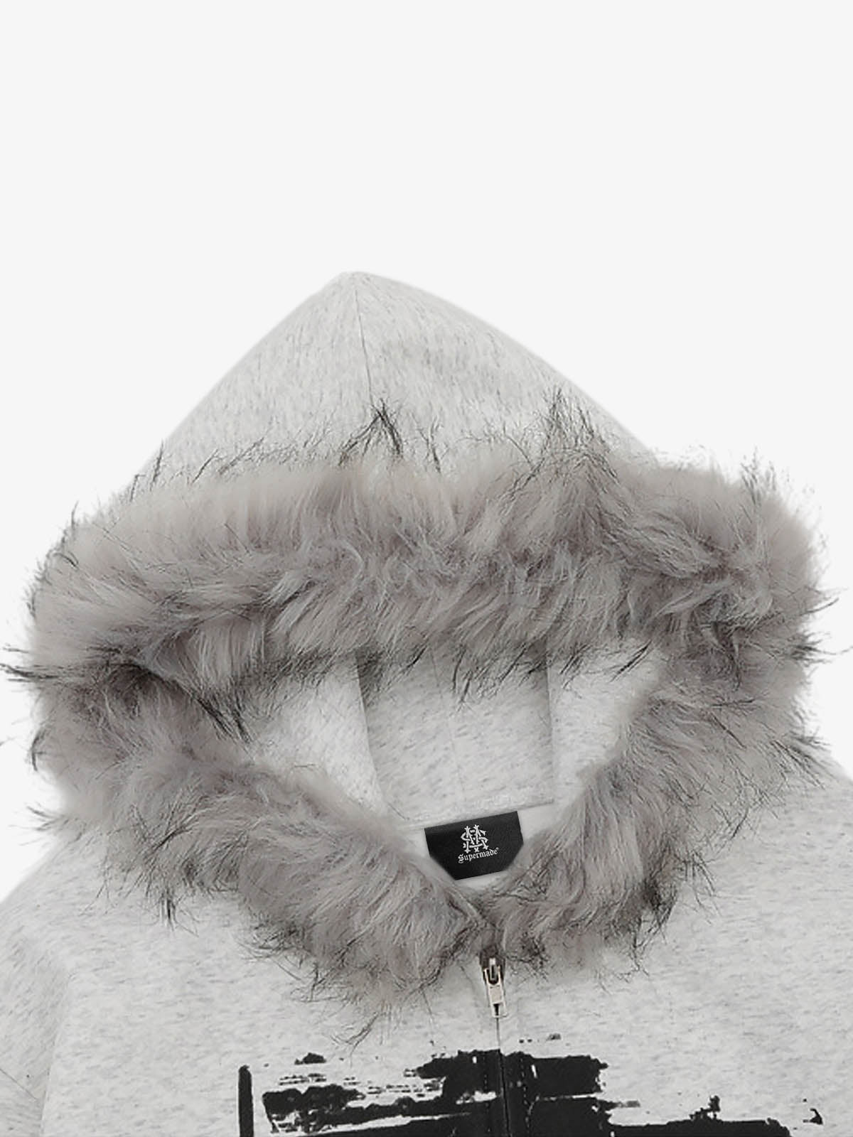 Retro Faux Fur Collar Print Zip-Up Hooded Sweatshirt 