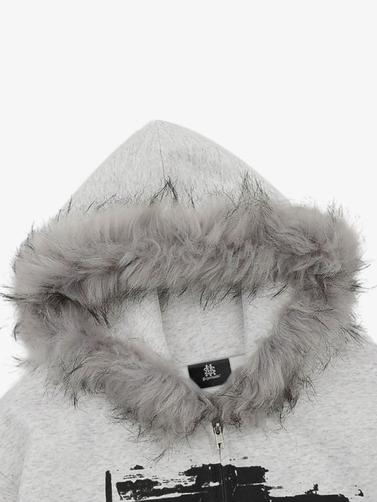 Retro Faux Fur Collar Print Zip-Up Hooded Sweatshirt 