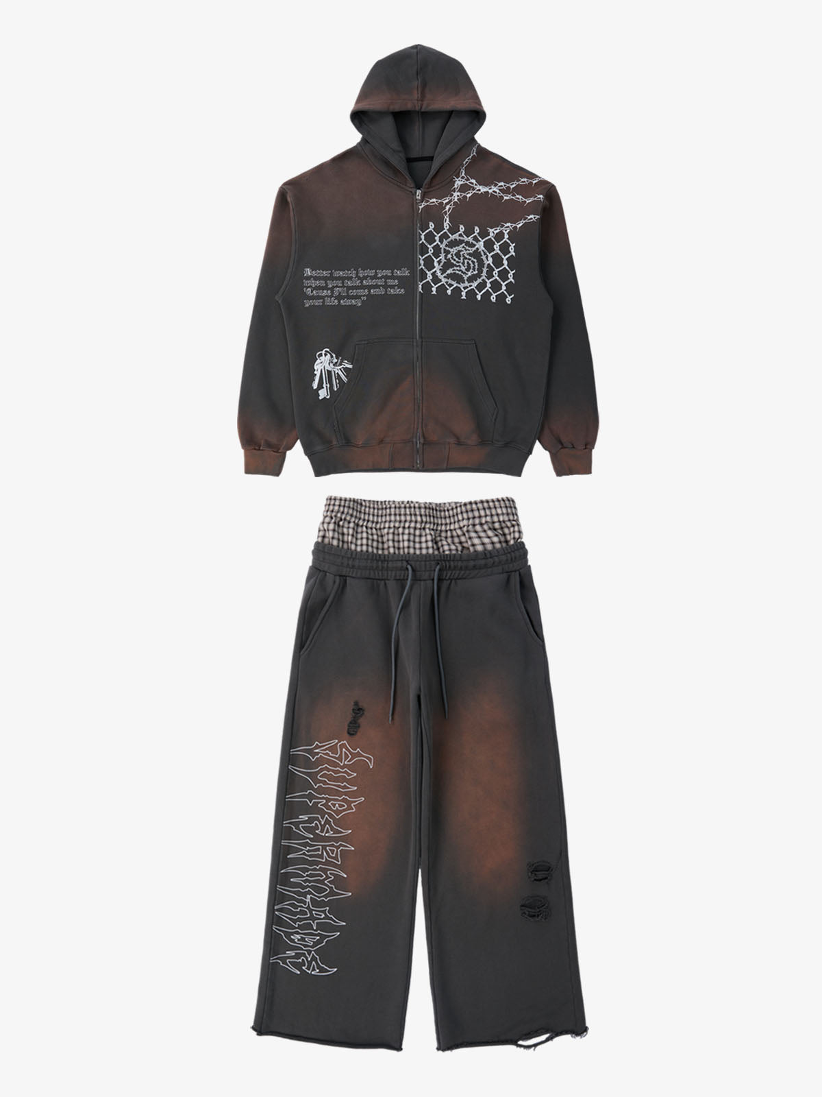 Supermade Vintage Distressed Print Patchwork Sweatshirt Set 