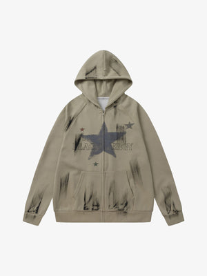 Retro Wasteland Star-Print Brush Ink Print Cardigan Hoodie 