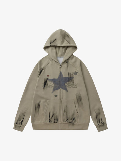 Retro Wasteland Star-Print Brush Ink Print Cardigan Hoodie 