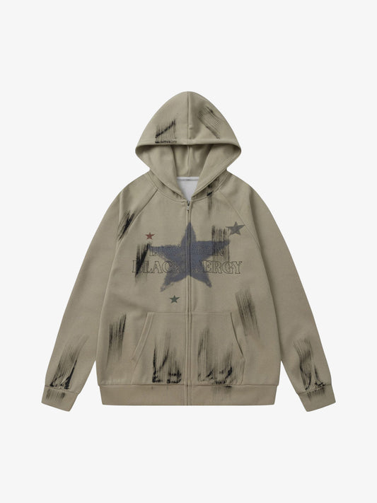 Retro Wasteland Star-Print Brush Ink Print Cardigan Hoodie 