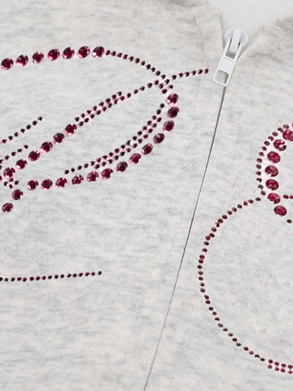 Street Hip-Hop Rhinestone Cropped Zip Up Hoodie 