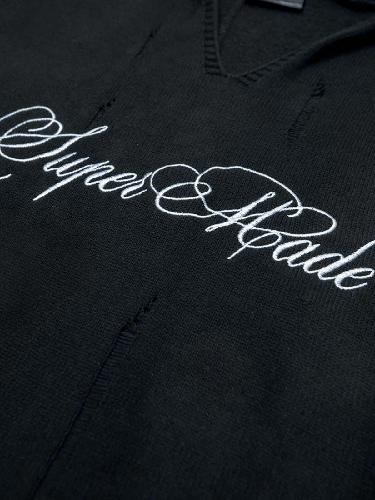 Distressed Embroidered Hooded Knit Vest