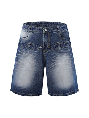 Distressed Washed Workwear Denim Shirt And Jorts Set 