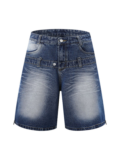 Distressed Washed Workwear Denim Shirt And Jorts Set 