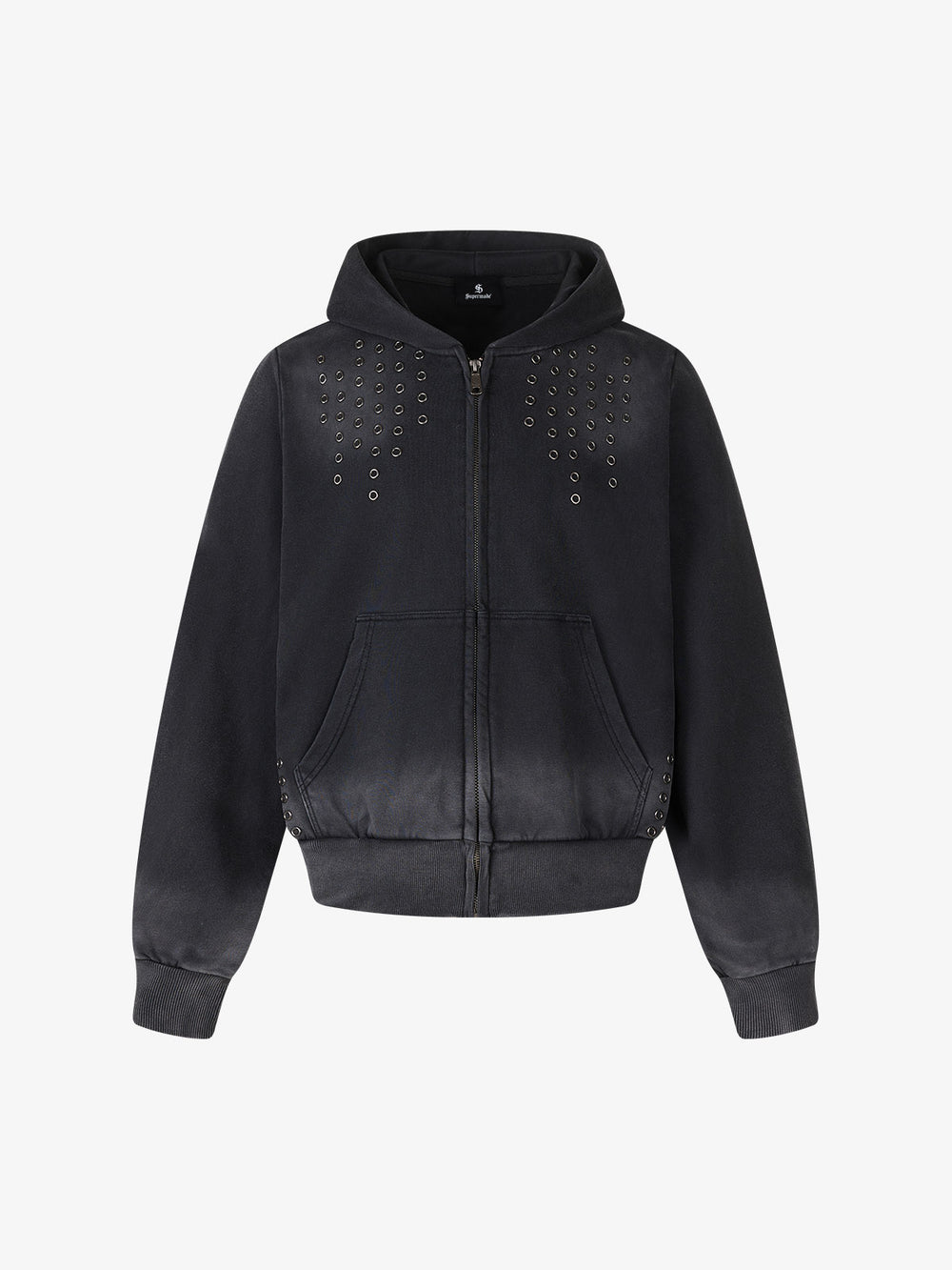Distressed Grommet Cross Pattern Zip-Up Hoodie